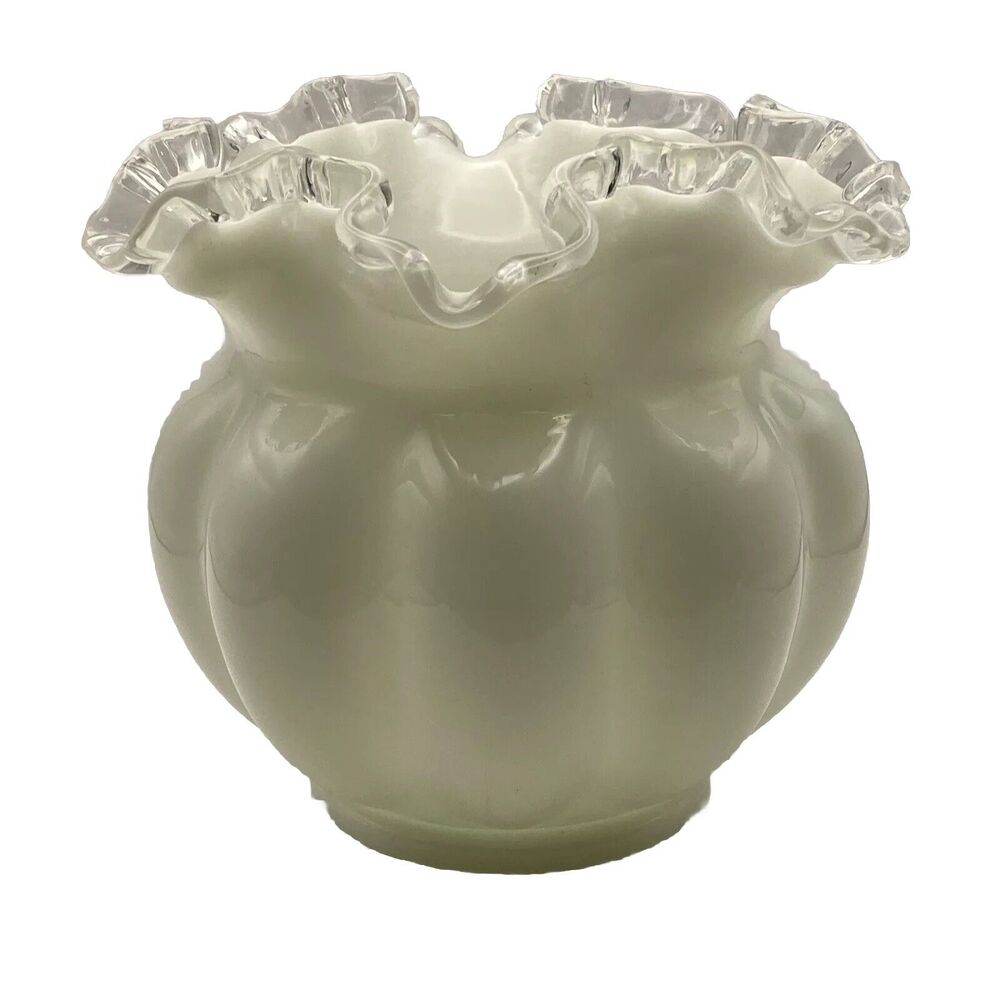 Vintage Fenton Silver Crest Milk Glass Ruffled Edge 6" x 5" Vase